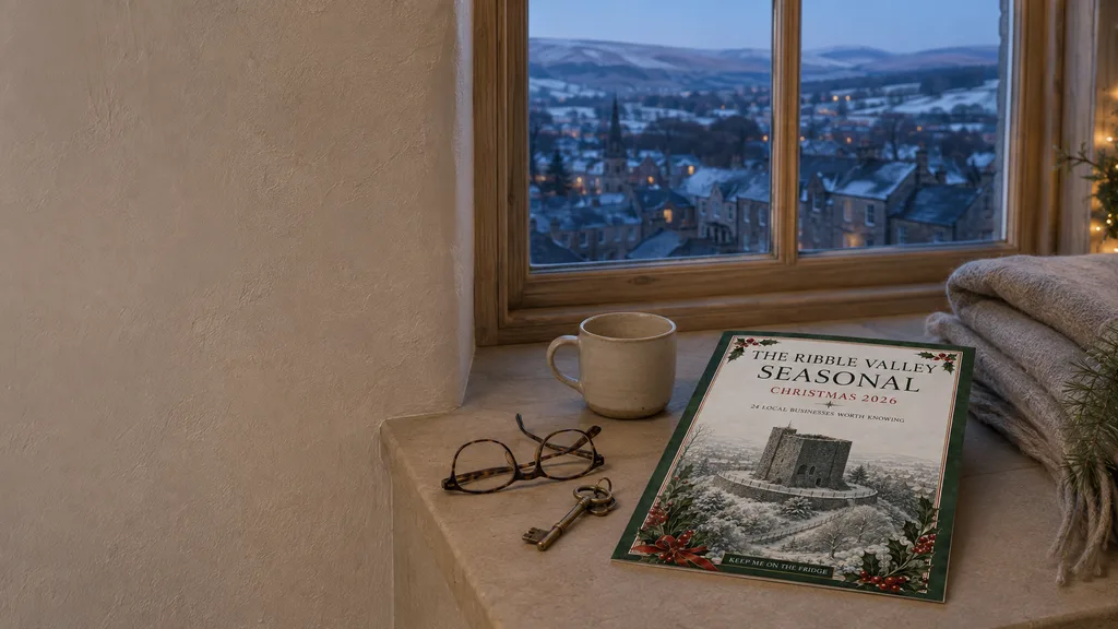 The Christmas guide resting by a window overlooking a winter Ribble Valley town